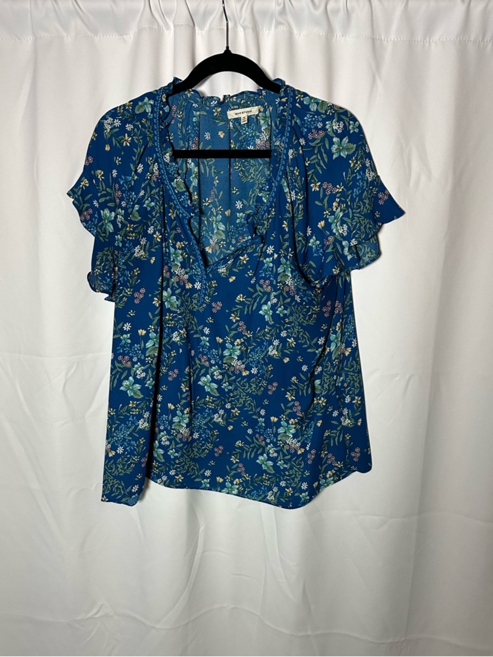 Max Studio Blue Floral V-Neck Ruffle Sleeve Blouse 1x